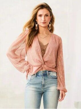 Medium Willow Root Metallic Rose Gold Long Sleeve Twist Front Top/Cover